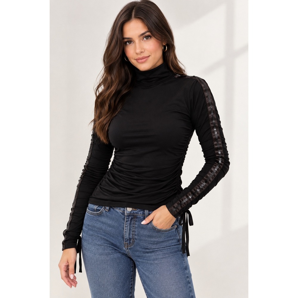 ECHO Black Ruched Sequin Long Sleeve Top size S/M NWT